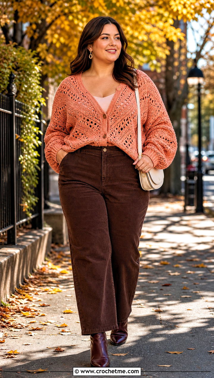 Guava Sunset Crochet Sweater With Corduroy Pants - 20 Sunset Crochet Sweater outfit ideas