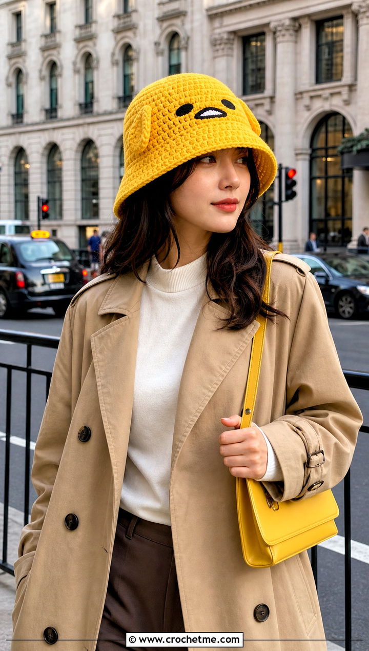 Gudetama Crochet Cloche Hat With A Trench Coat - 30 sanrio crochet hat outfit ideas