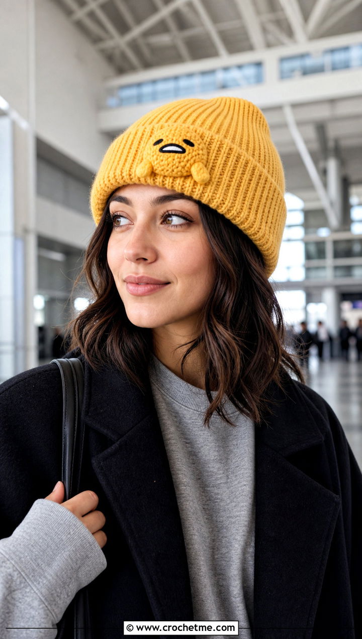 Gudetama Rolled Brim Beanie With Sweatshirt - 25 sanrio crochet beanie outfit ideas