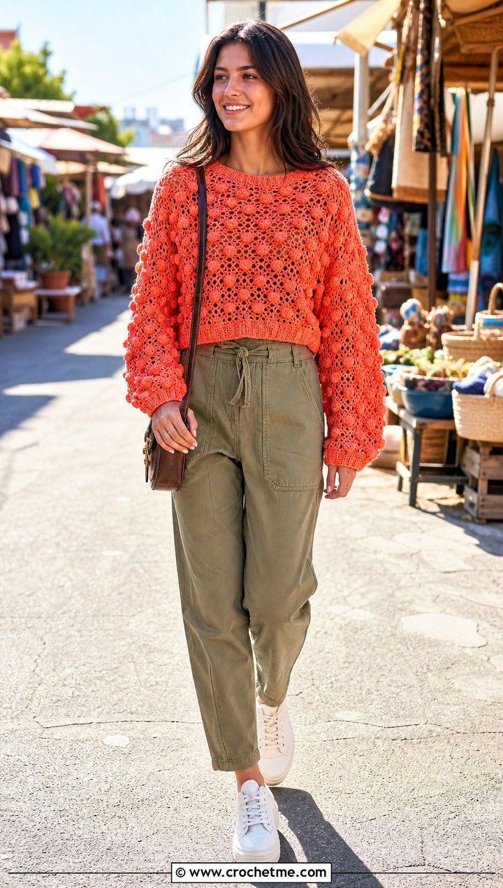 Gum Drop Crochet Pullover Over A Utility Jumpsuit - 15 gum drop crochet pullover outfit ideas