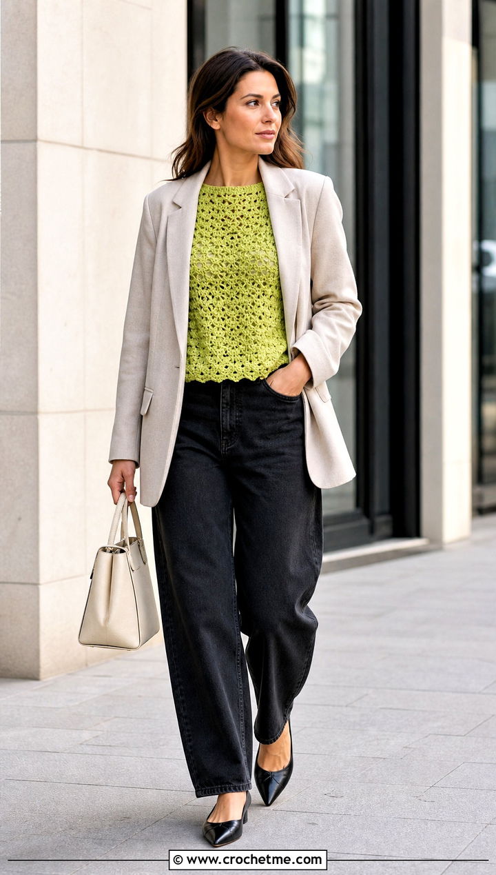 Gum Drop Crochet Pullover With Barrel Jeans And Blazer - 15 gum drop crochet pullover outfit ideas