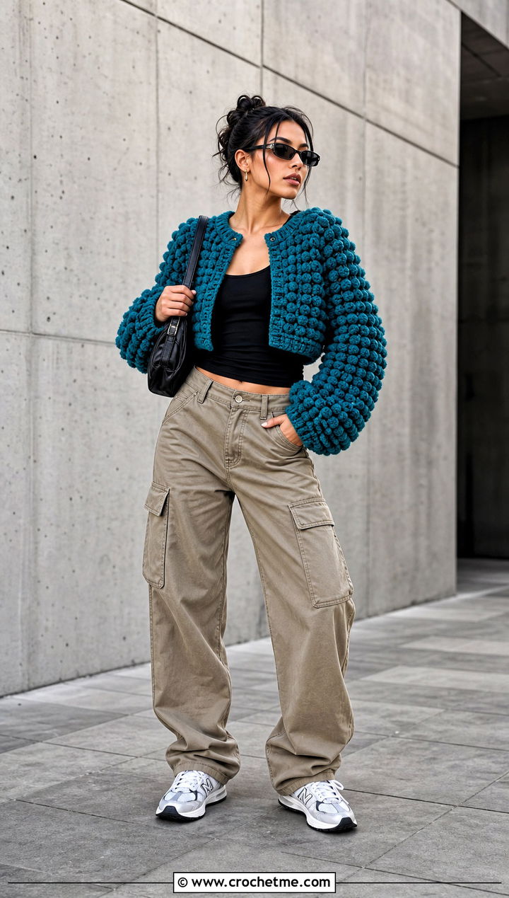 Gum Drop Crochet Pullover With Cargo Pants - 15 gum drop crochet pullover outfit ideas