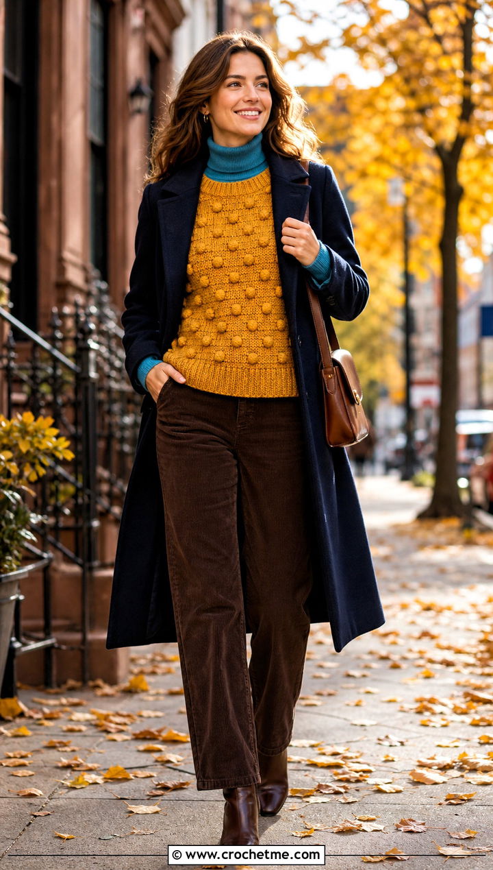 Gum Drop Crochet Pullover With Corduroy Pants - 15 gum drop crochet pullover outfit ideas