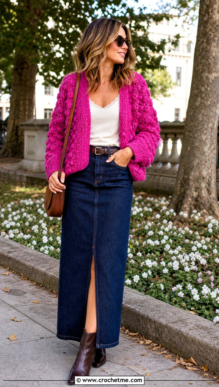 Gum Drop Crochet Pullover With Denim Maxi Skirt - 15 gum drop crochet pullover outfit ideas