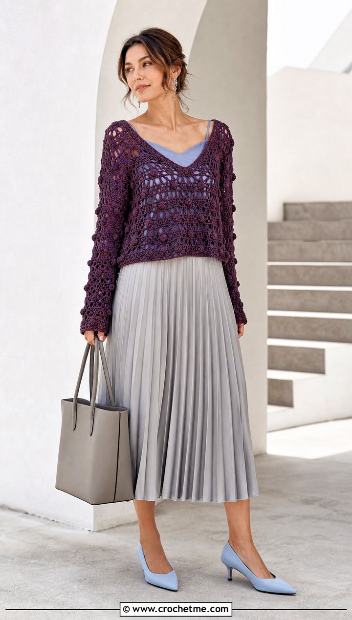 Gum Drop Crochet Pullover With Pleated Midi Skirt - 15 gum drop crochet pullover outfit ideas