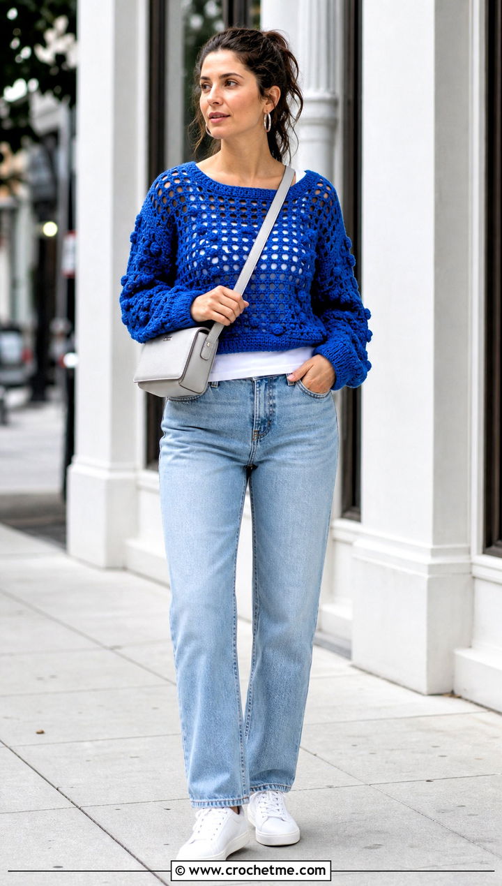 Gum Drop Crochet Pullover With Straight Leg Jeans - 15 gum drop crochet pullover outfit ideas