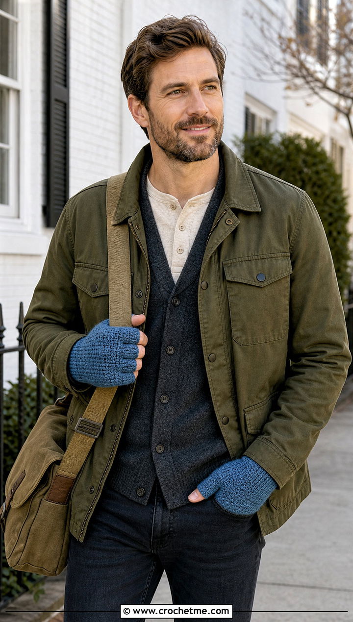 Gusset Thumb Crochet Mittens With Field Jacket - 25 Crochet Mens Mittens outfit ideas