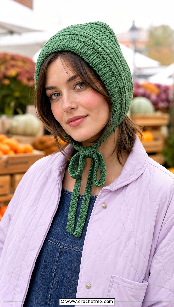 HDC Bonnet Hat With Quilted Jacket And Denim Dress - 20 hdc crochet hat outfit ideas