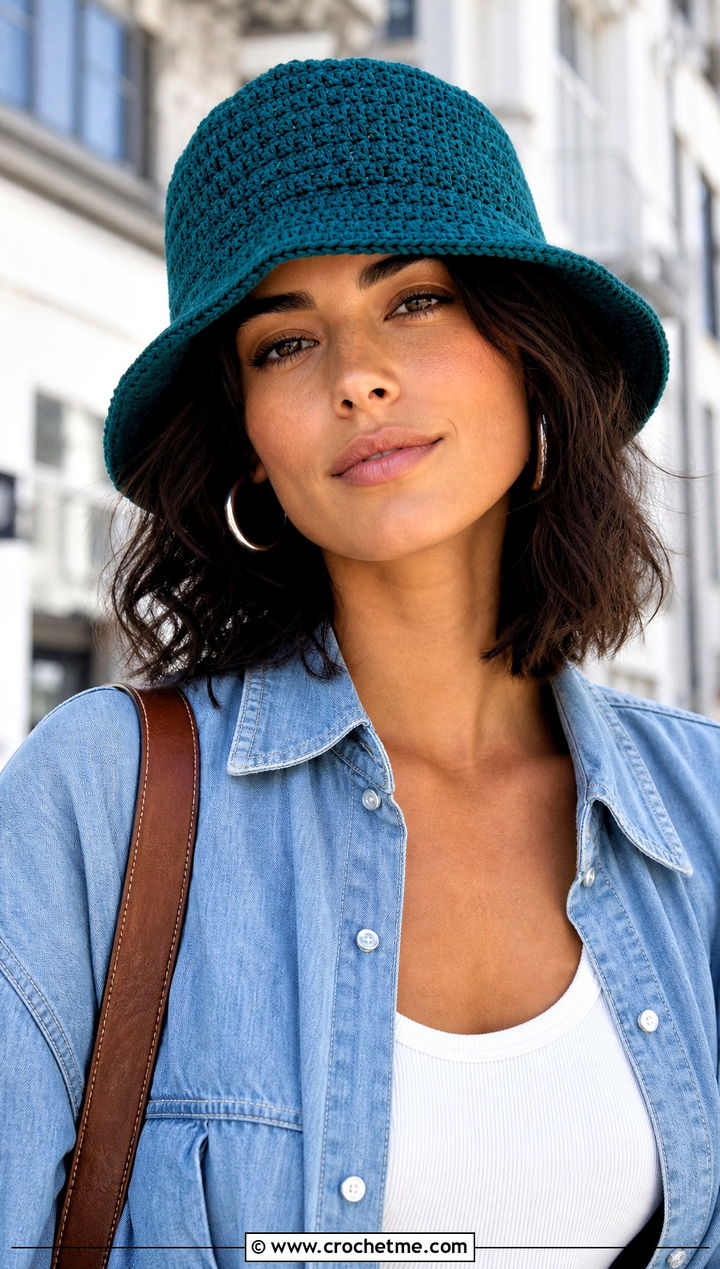 HDC Bucket Hat With Denim Shirt And White Pants - 20 hdc crochet hat outfit ideas