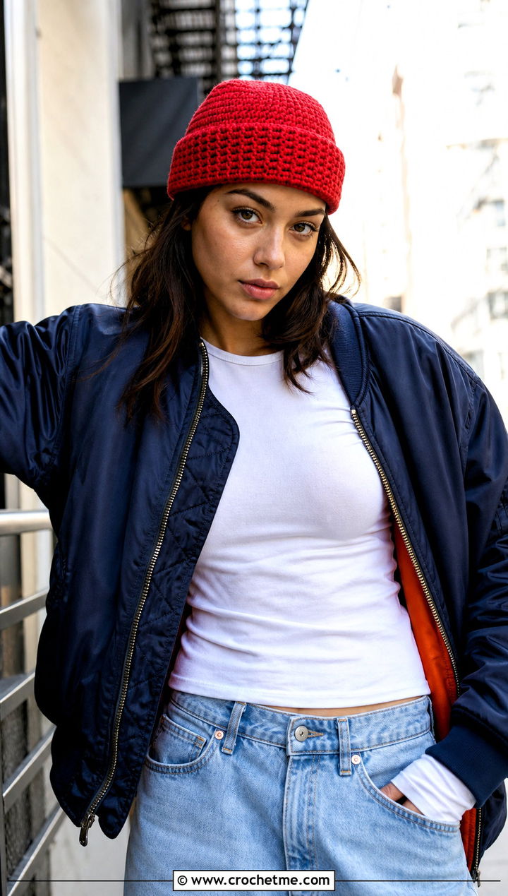 HDC Fisherman Beanie With Bomber Jacket And Wide Leg Jeans - 20 hdc crochet hat outfit ideas