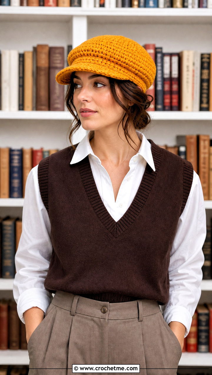 HDC Newsboy Cap With Sweater Vest And Trousers - 20 hdc crochet hat outfit ideas