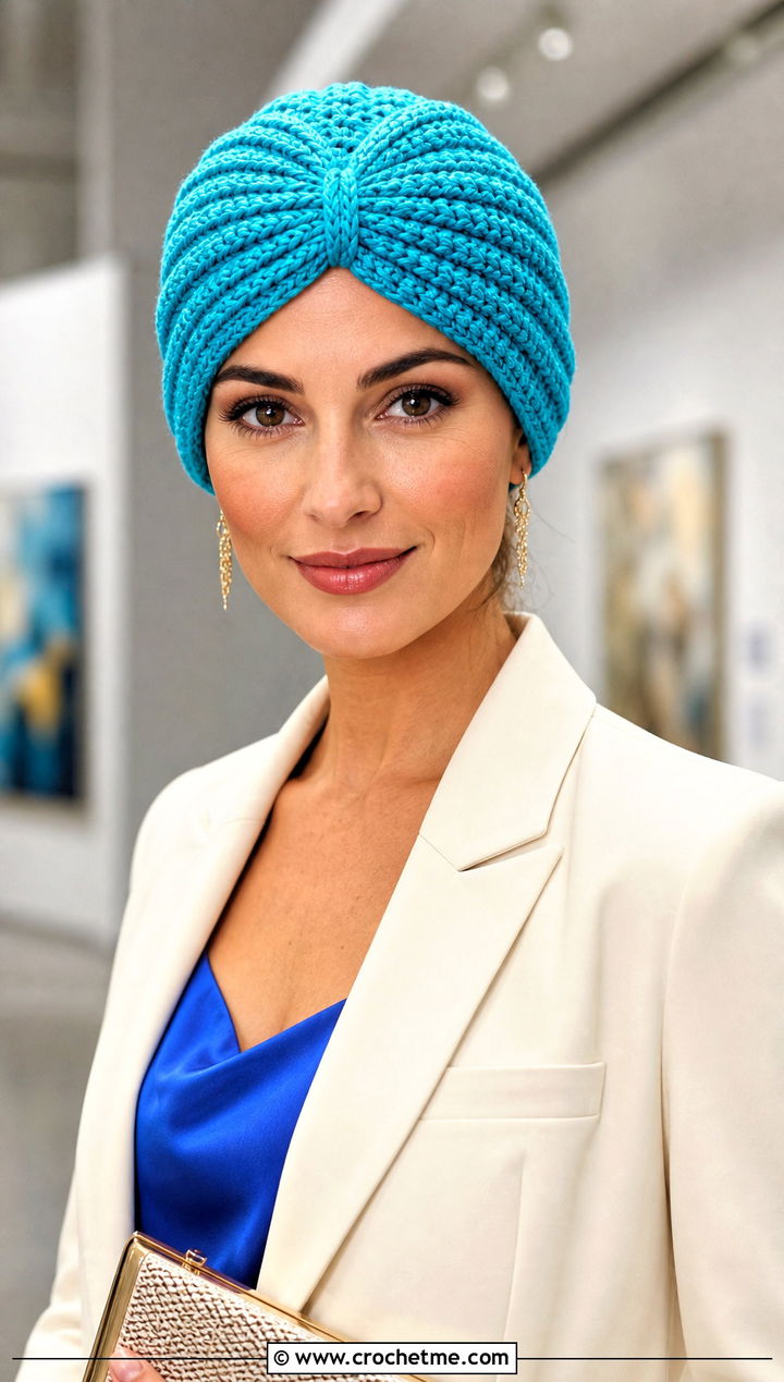 HDC Turban Hat With Pantsuit And Pointed Pumps - 20 hdc crochet hat outfit ideas