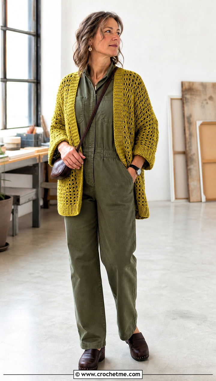 Habitat Crochet Cardigan Over A Utility Jumpsuit - 25 Habitat Crochet Cardigan outfit ideas