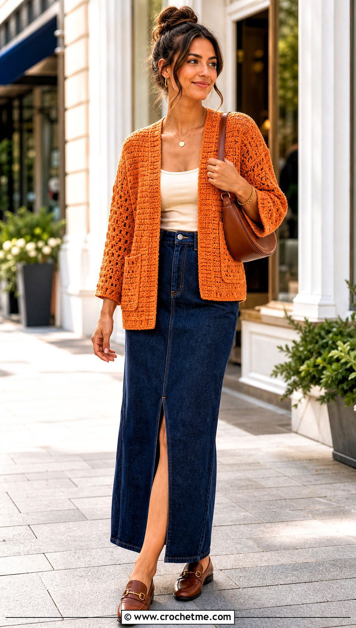 Habitat Crochet Cardigan With Denim Maxi Skirt - 25 Habitat Crochet Cardigan outfit ideas