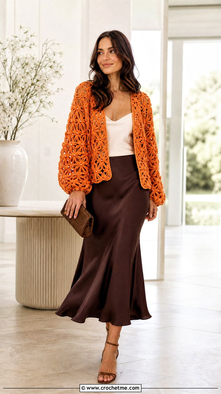 Hairpin Lace Cardigan With Satin Midi Skirt - 35 crochet lace cardigan outfit ideas