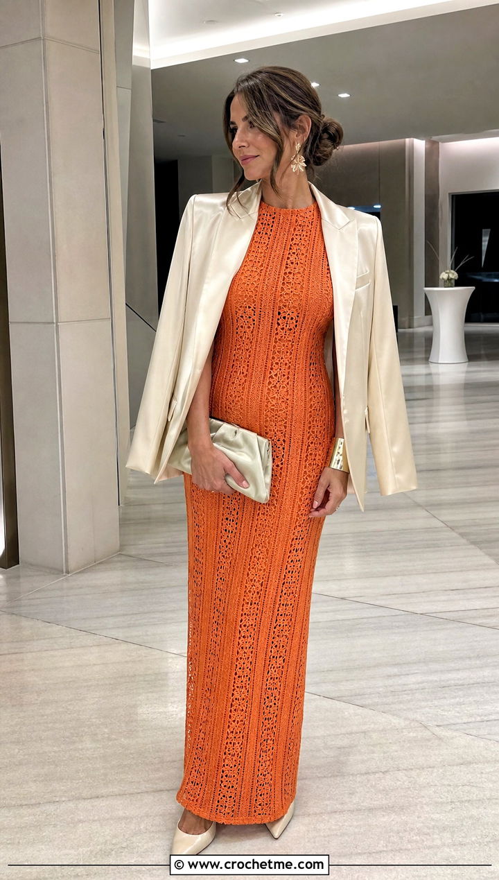 Hairpin Lace Column Dress With Satin Blazer And Heels - 15 crochet lace dress design outfit ideas