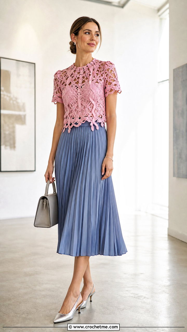 Hairpin Lace Crochet Blouse With Pleated Skirt - 35 crochet lace blouse outfit ideas