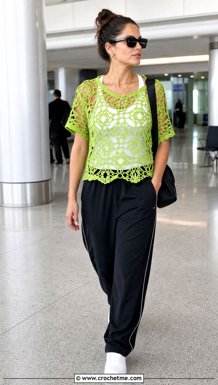 Hairpin Lace Crochet Blouse With Track Pants - 15 lace crochet blouse design outfit ideas