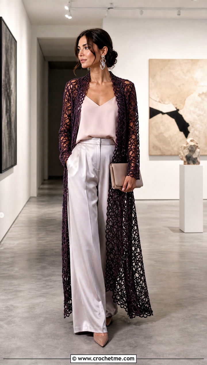 Hairpin Lace Crochet Cardigan With Satin Trousers - 15 Lacey Crochet Cardigan outfit ideas