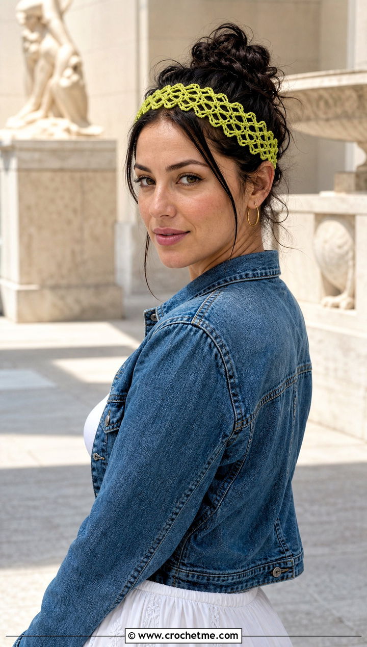Hairpin Lace Crochet Headband With Denim Jacket And Skirt - 30 crochet lace headband outfit ideas