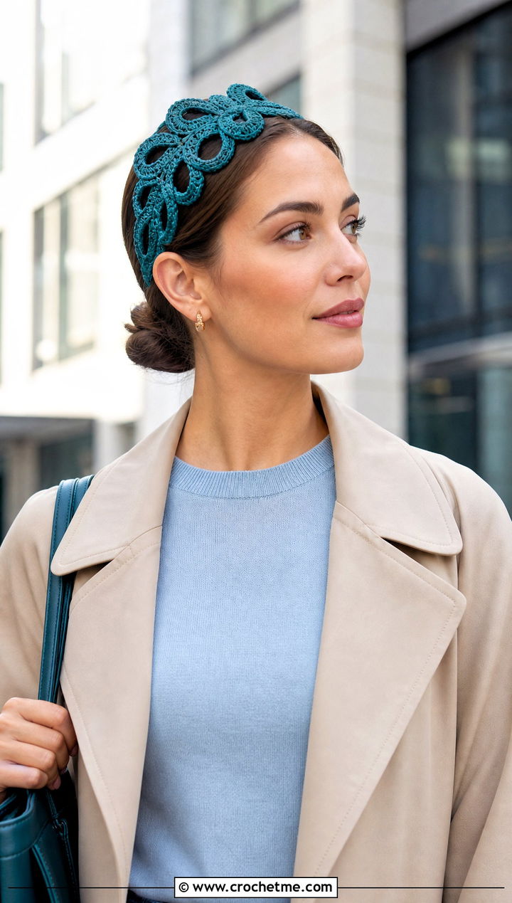 Hairpin Lace Crochet Headband With Trench Coat And Trousers - 30 lace crochet headband outfit ideas