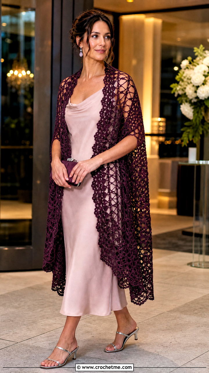 Hairpin Lace Crochet Ruana With Bias Cut Dress - 35 crochet ruana outfit ideas