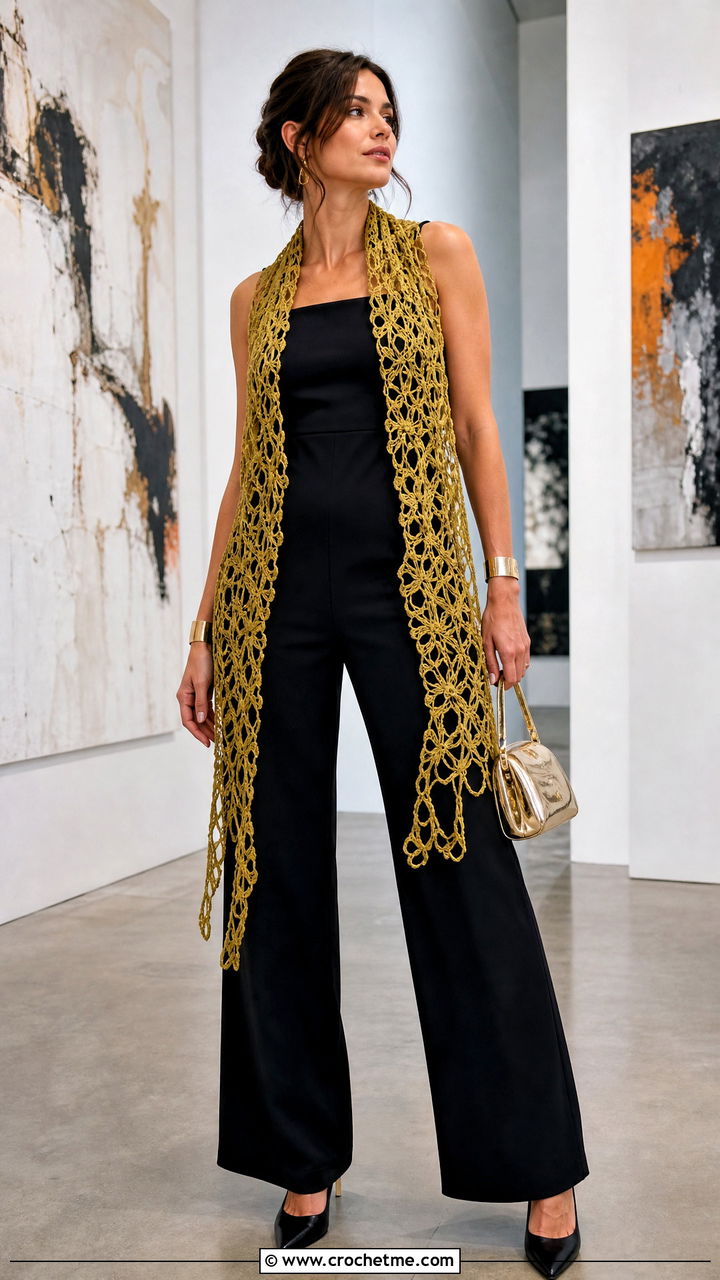 Hairpin Lace Crochet Scarf With Black Jumpsuit - 35 easy crochet scarf outfit ideas