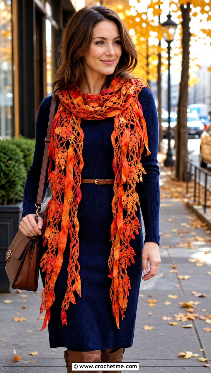 Hairpin Lace Crochet Scarf With Knit Dress And Knee High Boots - 30 easy crochet lace scarf outfit ideas