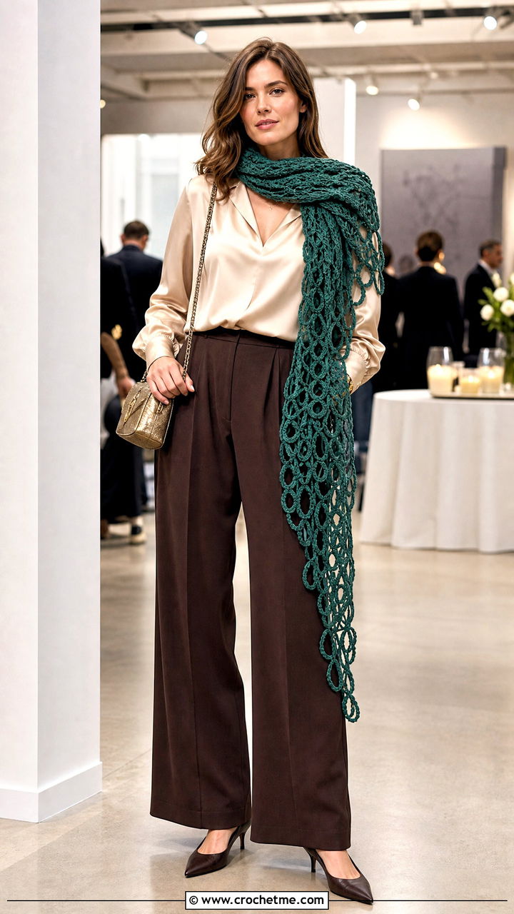 Hairpin Lace Crochet Scarf With Satin Blouse And Trousers - 35 quick crochet scarf outfit ideas