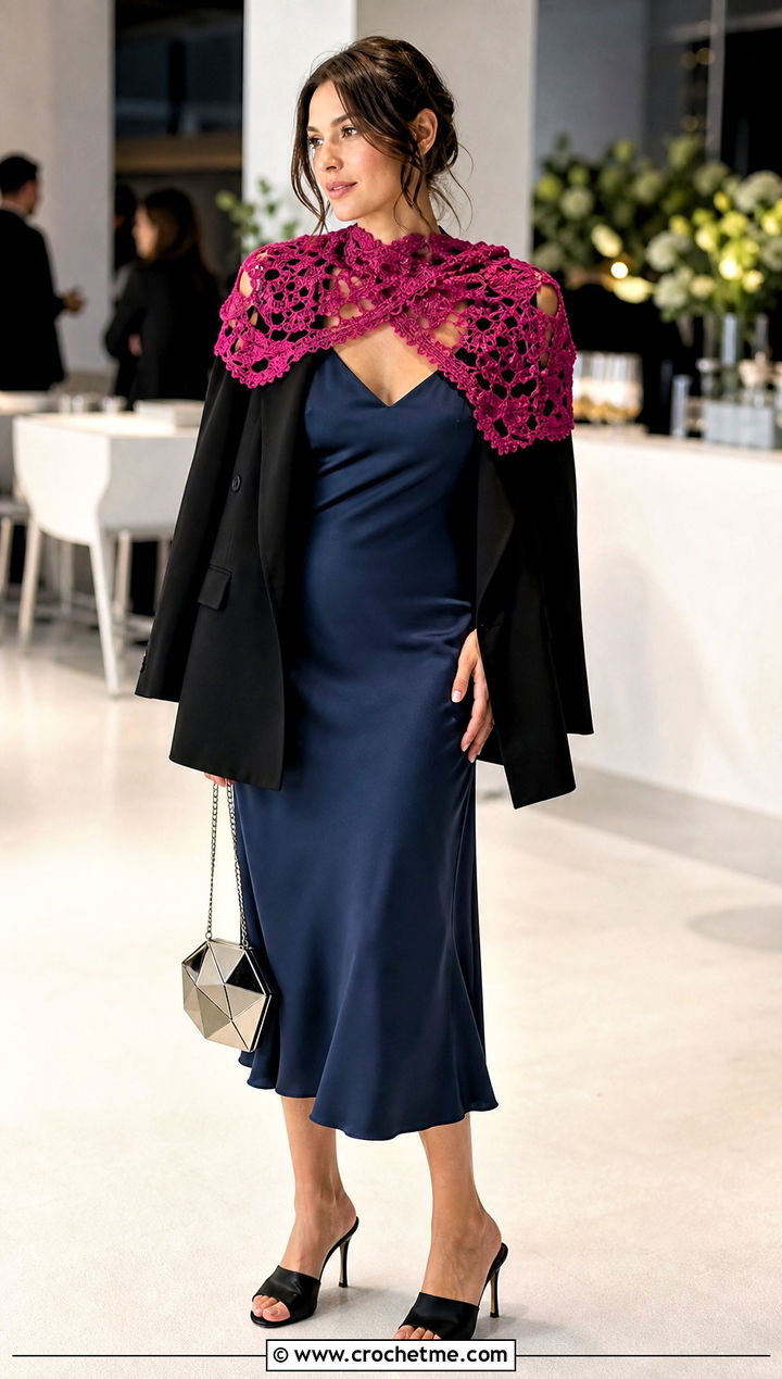 Hairpin Lace Crochet Scarf With Slip Dress And Blazer - 15 Easy Lace Crochet Scarf outfit ideas