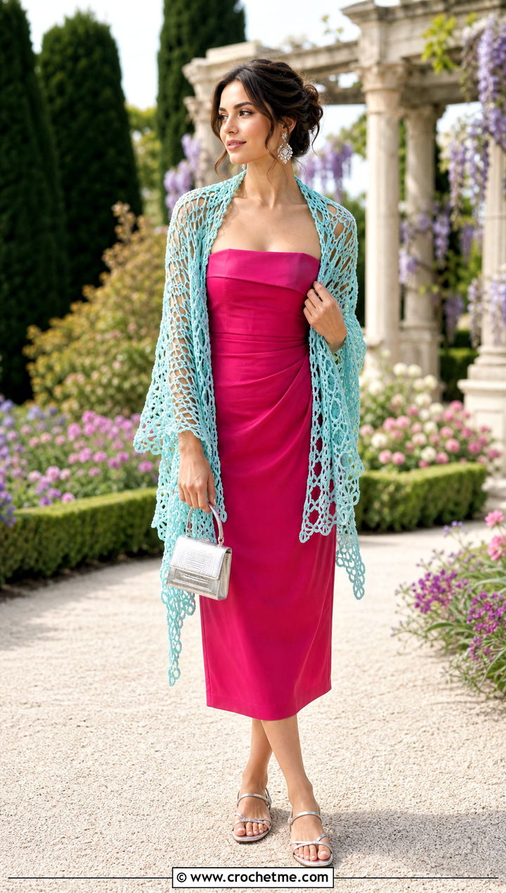 Hairpin Lace Crochet Scarf With Strapless Dress And Flats - 35 summer crochet scarf outfit ideas