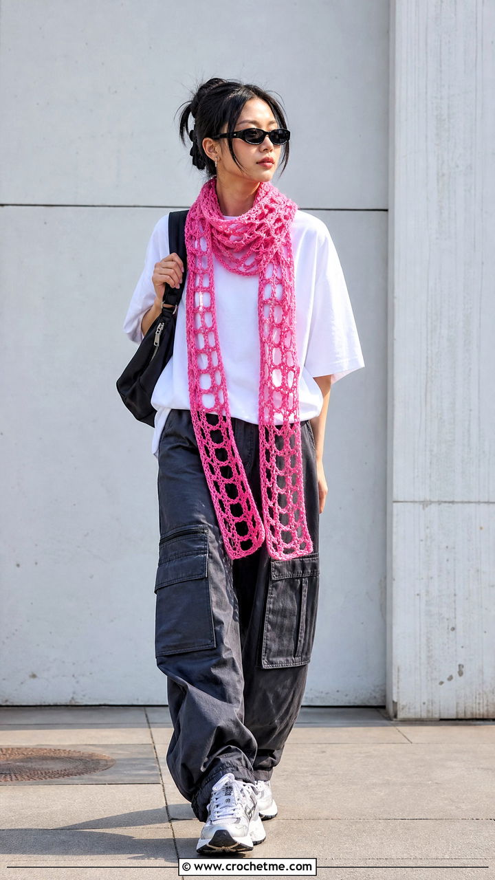Hairpin Lace Crochet Scarf With T Shirt And Cargo Pants - 35 crochet lace scarf outfit ideas