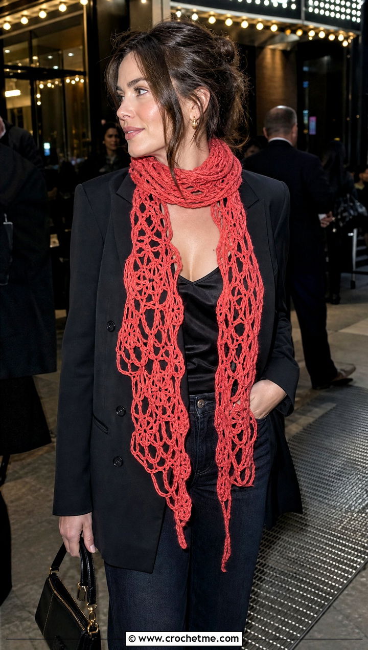 Hairpin Lace Crochet Scarf With Tuxedo Blazer And Jeans - 30 easy crochet scarfs outfit ideas