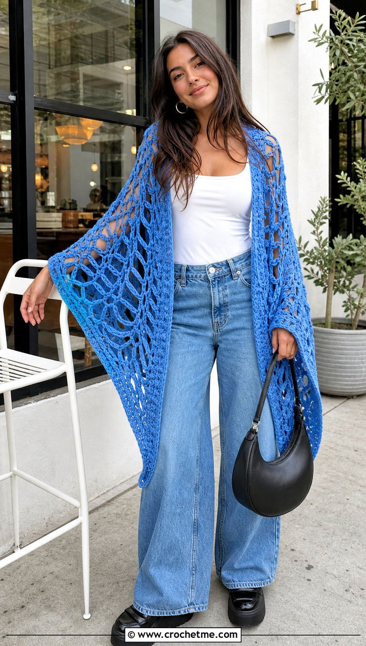 Hairpin Lace Crochet Shawl With A Wide Leg Denim Outfit - 30 easy crochet lace shawl outfit ideas