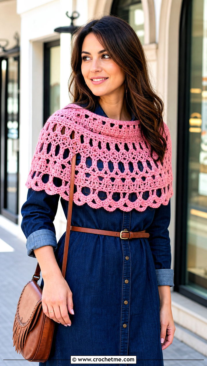 Hairpin Lace Crochet Shawl With Denim Dress - 25 Lace Crochet Shawl outfit ideas