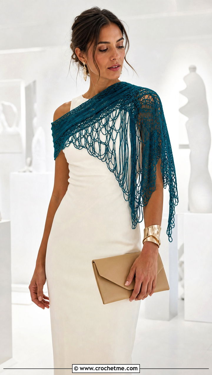 Hairpin Lace Crochet Summer Scarf With Minimal Column Dress - 30 crochet summer scarf outfit ideas