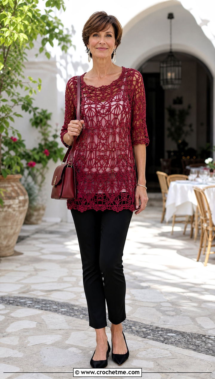 Hairpin Lace Crochet Tunic With Slim Pants - 20 crochet lace summer top outfit ideas