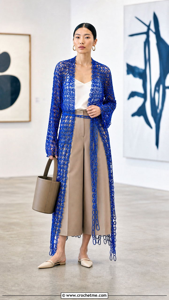 Hairpin Lace Crochet Wrap With Culottes - 35 Crocheted Shawls And Wraps outfit ideas