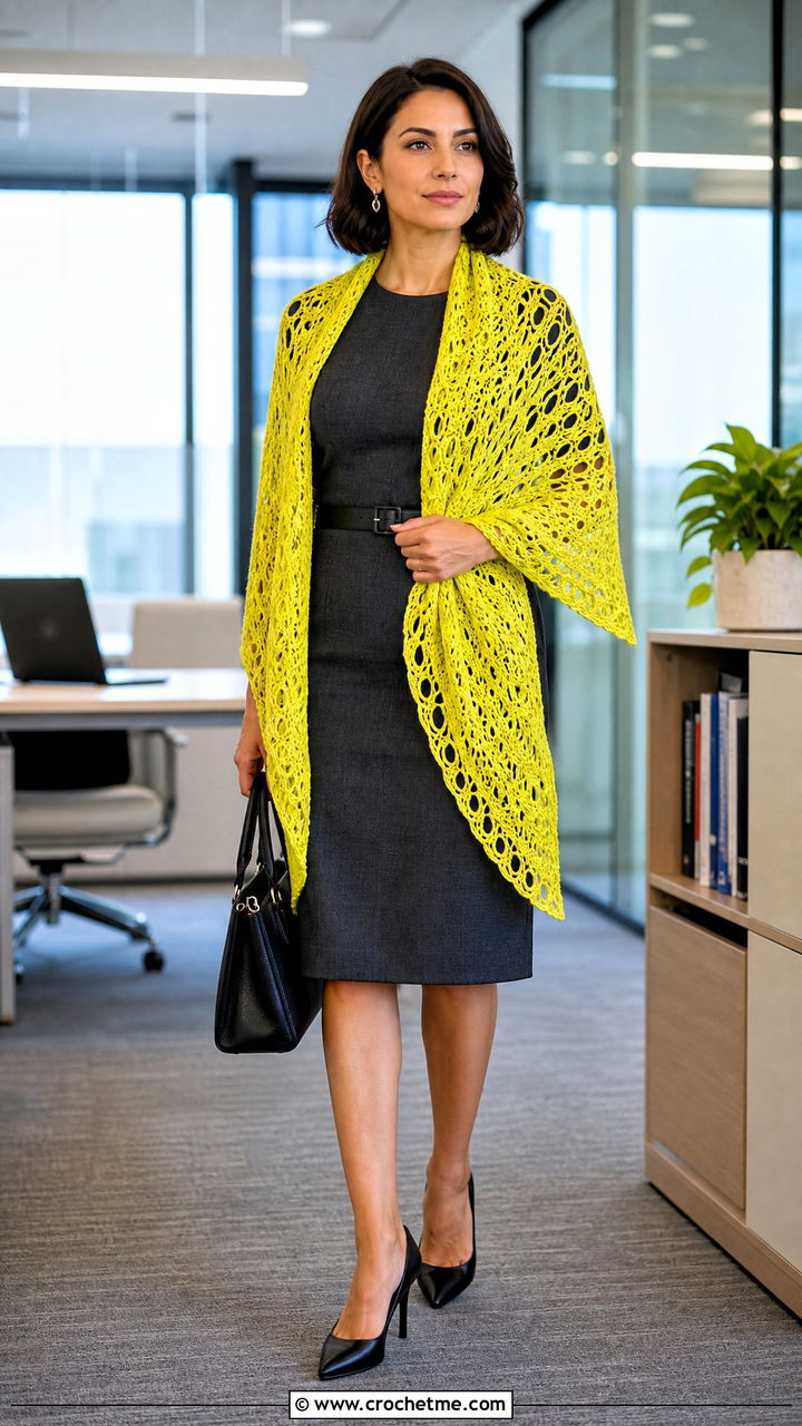 Hairpin Lace Crochet Wrap With Office Dress - 35 crochet wrap outfit ideas