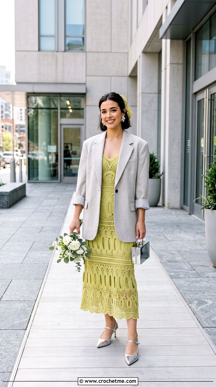 Hairpin Lace Slip Dress With Oversized Blazer - 35 crochet wedding dress outfit ideas