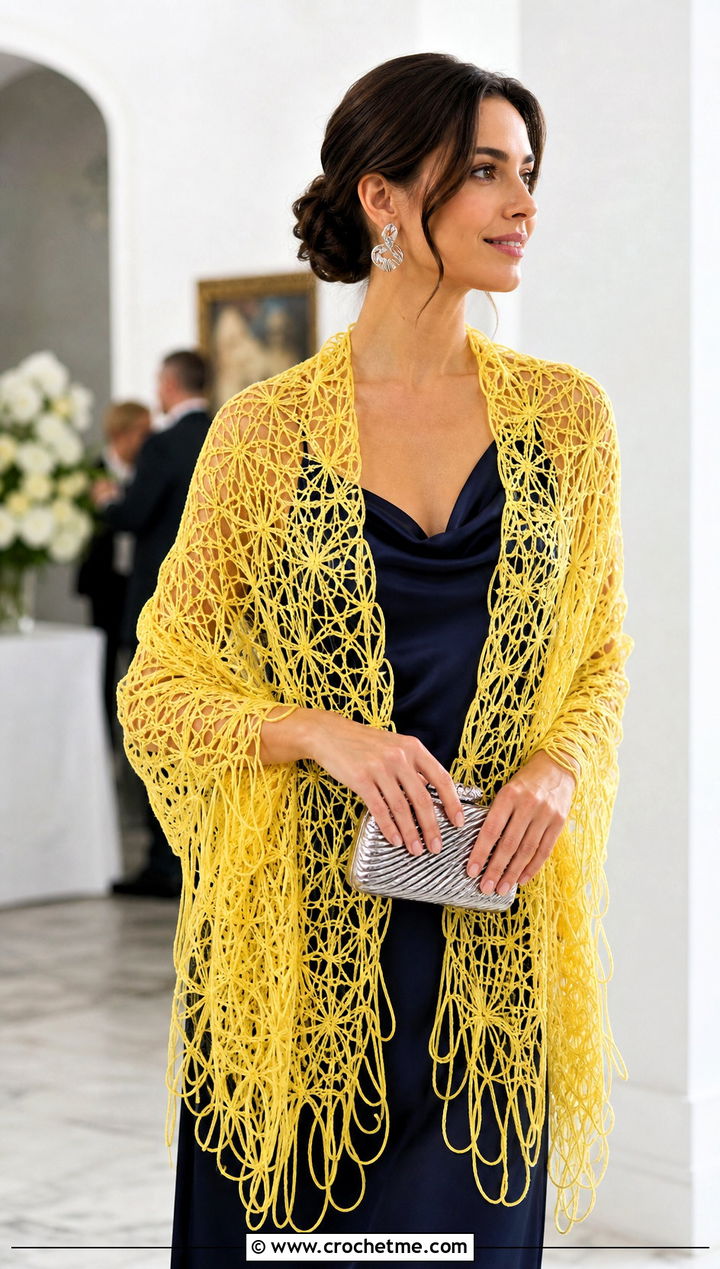 Hairpin Lace Stole With Satin Slip Dress - 25 Vintage Crochet Shawl outfit ideas