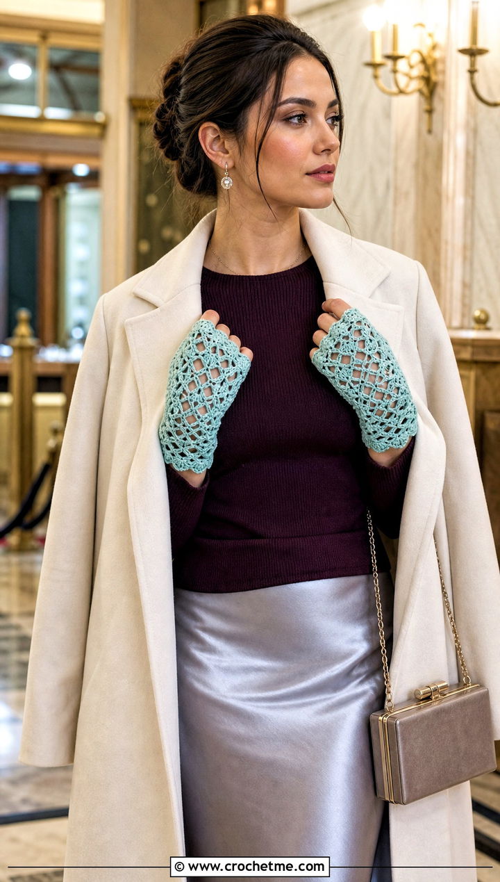 Hairpin Lace Wrist Warmers With Slip Skirt - 20 Crochet Lace Hand Warmers outfit ideas