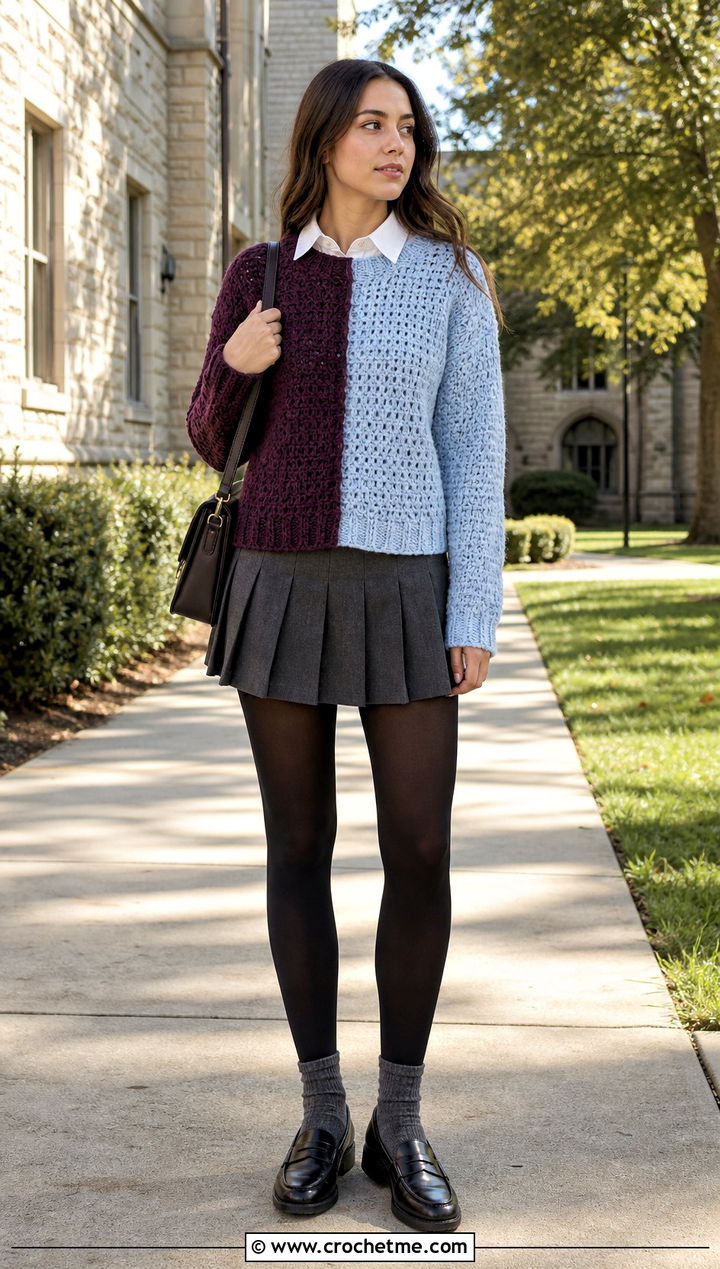 Half And Half Colourblock Crochet Sweater With Pleated Mini Skirt - 15 Colourblock Crochet Sweater outfit ideas