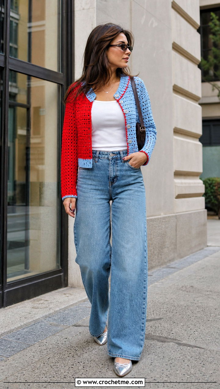 Half And Half Crochet Cardigan With Wide Leg Jeans - 30 two color crochet cardigan outfit ideas