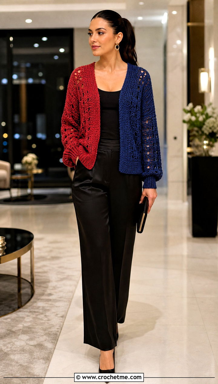 Half And Half Split Color Crochet Cardigan With Satin Pants - 15 Split Color Crochet Cardigan outfit ideas