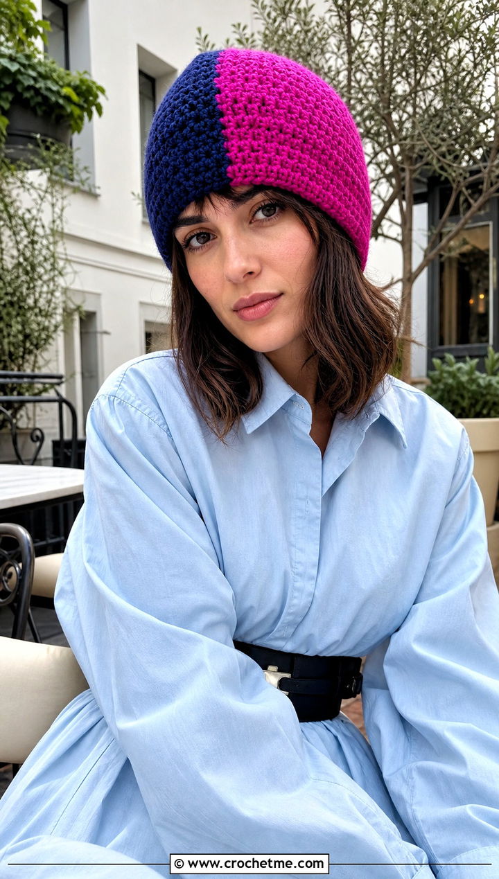Half And Half Two Color Crochet Beanie With Long Shirt Dress - 30 2 color crochet beanie hat outfit ideas