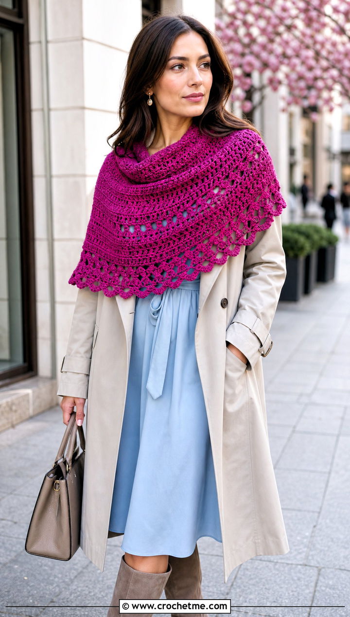 Half Circle Skein Crochet Shawl With Trench Coat And Midi Dress - 15 Easy 1 Skein Crochet Shawl outfit ideas