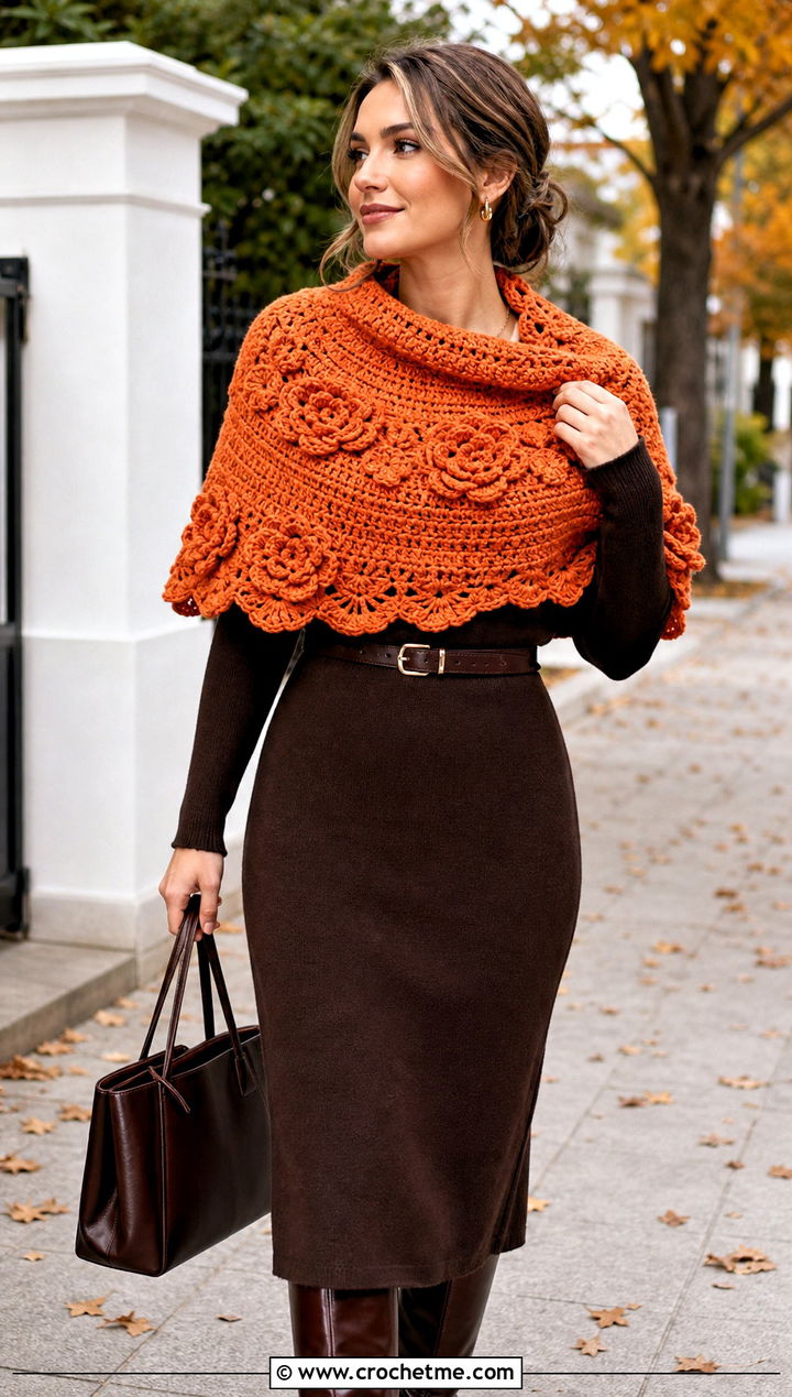 Half Circle Bloom Shawl With Knit Dress - 15 Crochet Flower Shawl outfit ideas