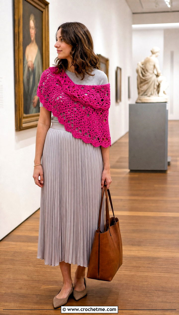 Half Circle Crochet Boho Shawl With Midi Skirt - 30 crochet boho shawl outfit ideas