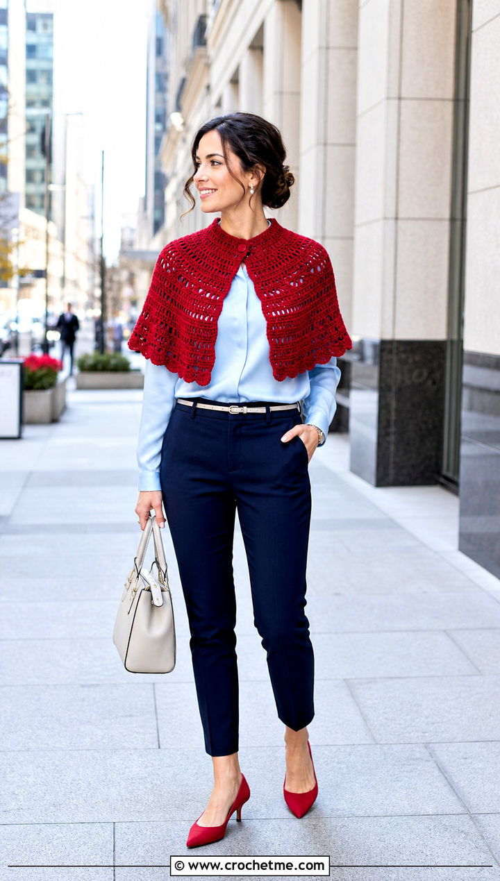 Half Circle Crochet Capelet Shawl With Cigarette Pants - 30 crochet caplet shawl outfit ideas